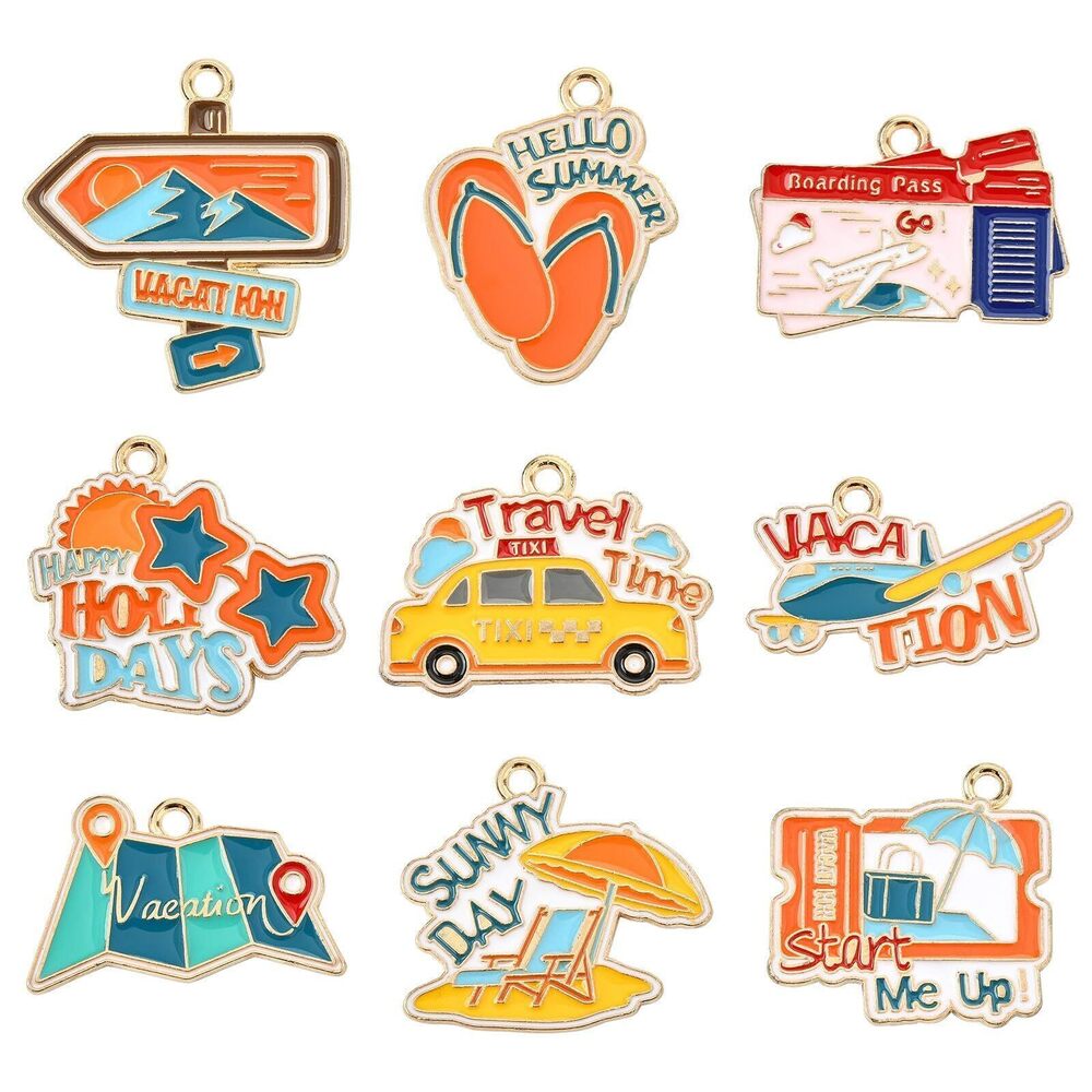 9421 18 pcs 9 Styles Tourism Theme Alloy Enamel Charms Travel Camera Plane